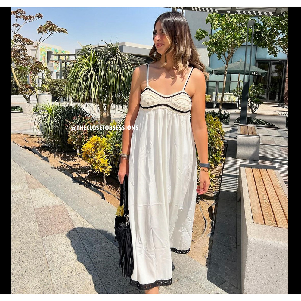 Zara Cream Ecru Maxi Dress Contrast Trim Flowy Boho Resort Vacation Size M NWT - Picture 14 of 16